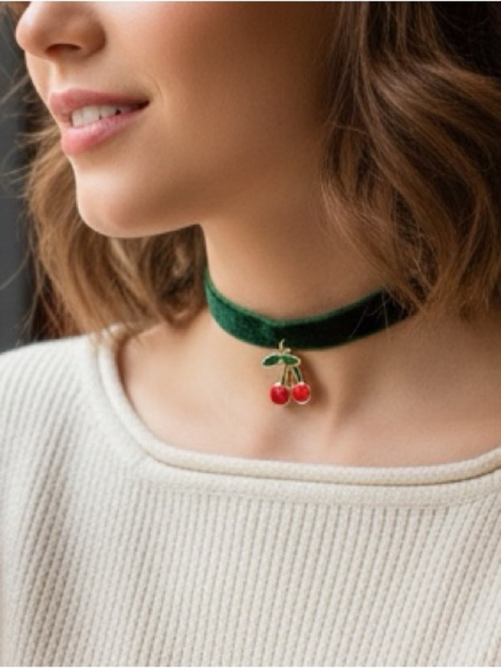 Green Velvet Cherry Charm Choker Necklace NWT accessories